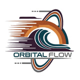 Logo with the text 'Orbital Flow' and abstract design elements on a white background