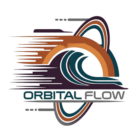 Logo with the text 'Orbital Flow' and abstract design elements on a white background