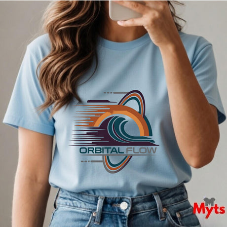 Person wearing a light blue t-shirt with 'Orbital Flow' design and taking a selfie.