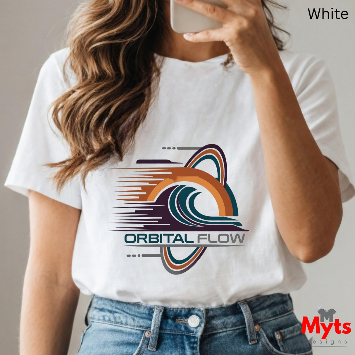 Person wearing a white t-shirt with 'Orbital Flow' design and taking a selfie.