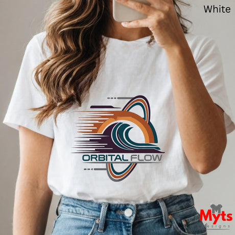 Person wearing a white t-shirt with 'Orbital Flow' design and taking a selfie.