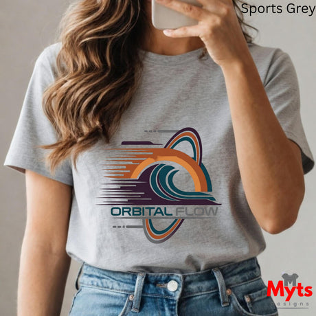 Person wearing a Sports Grey t-shirt with 'Orbital Flow' design, holding a phone.