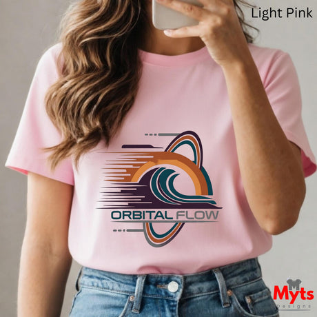 Person wearing a pink t-shirt with 'Orbital Flow' design, holding a phone.