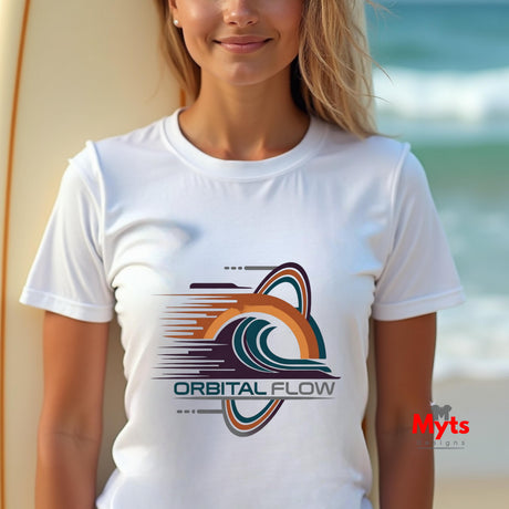 Person wearing a white t-shirt with 'Orbital Flow' design at the beach