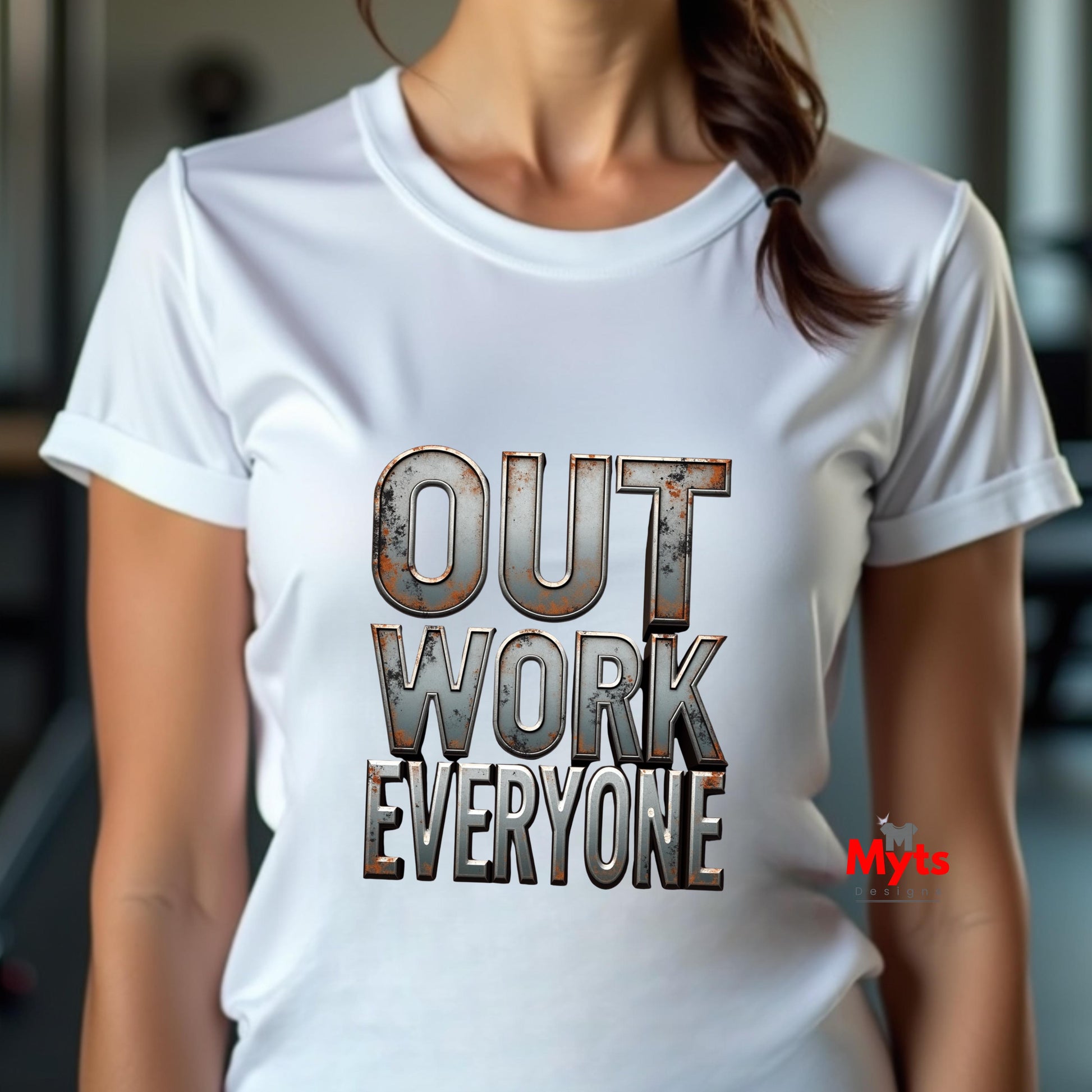 Person wearing a white t-shirt with 'OUT WORK EVERYONE' text design.