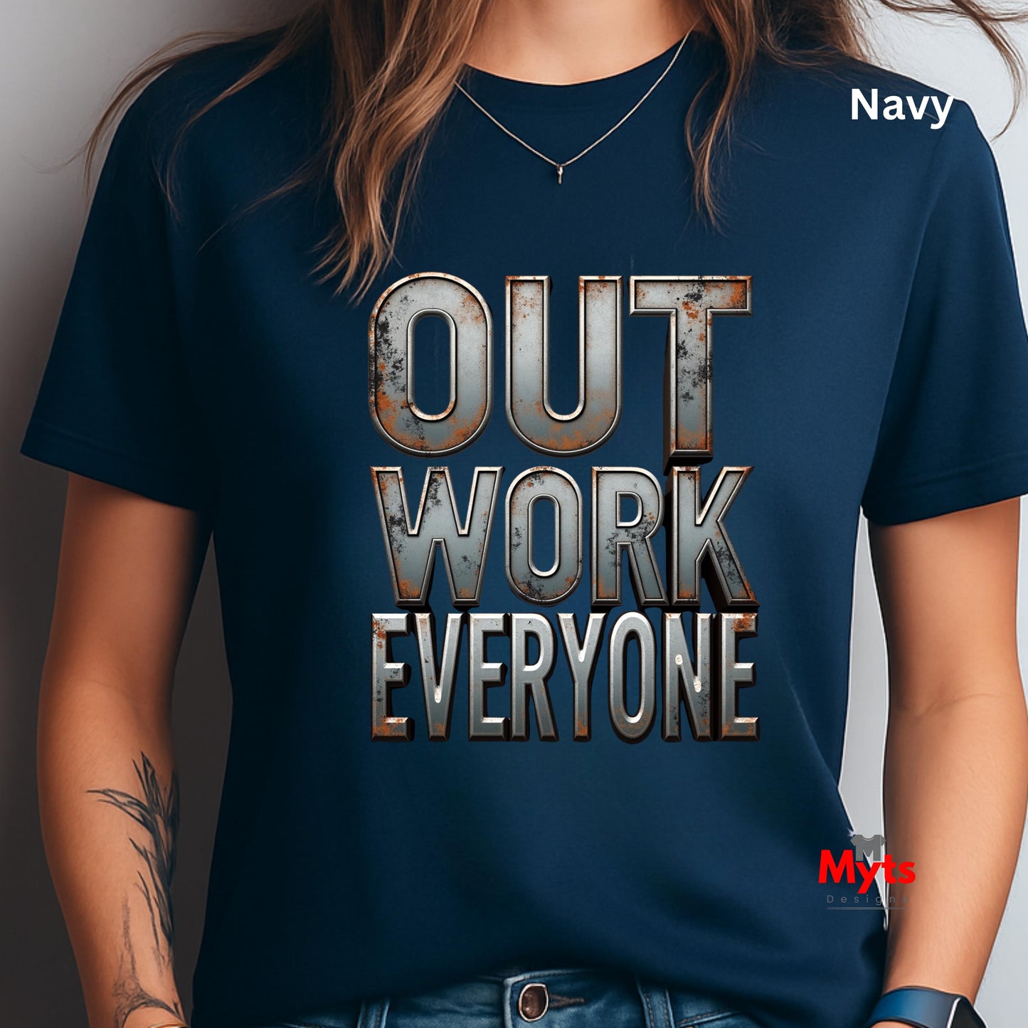 Navy blue t-shirt with 'OUT WORK EVERYONE' text worn by a person.