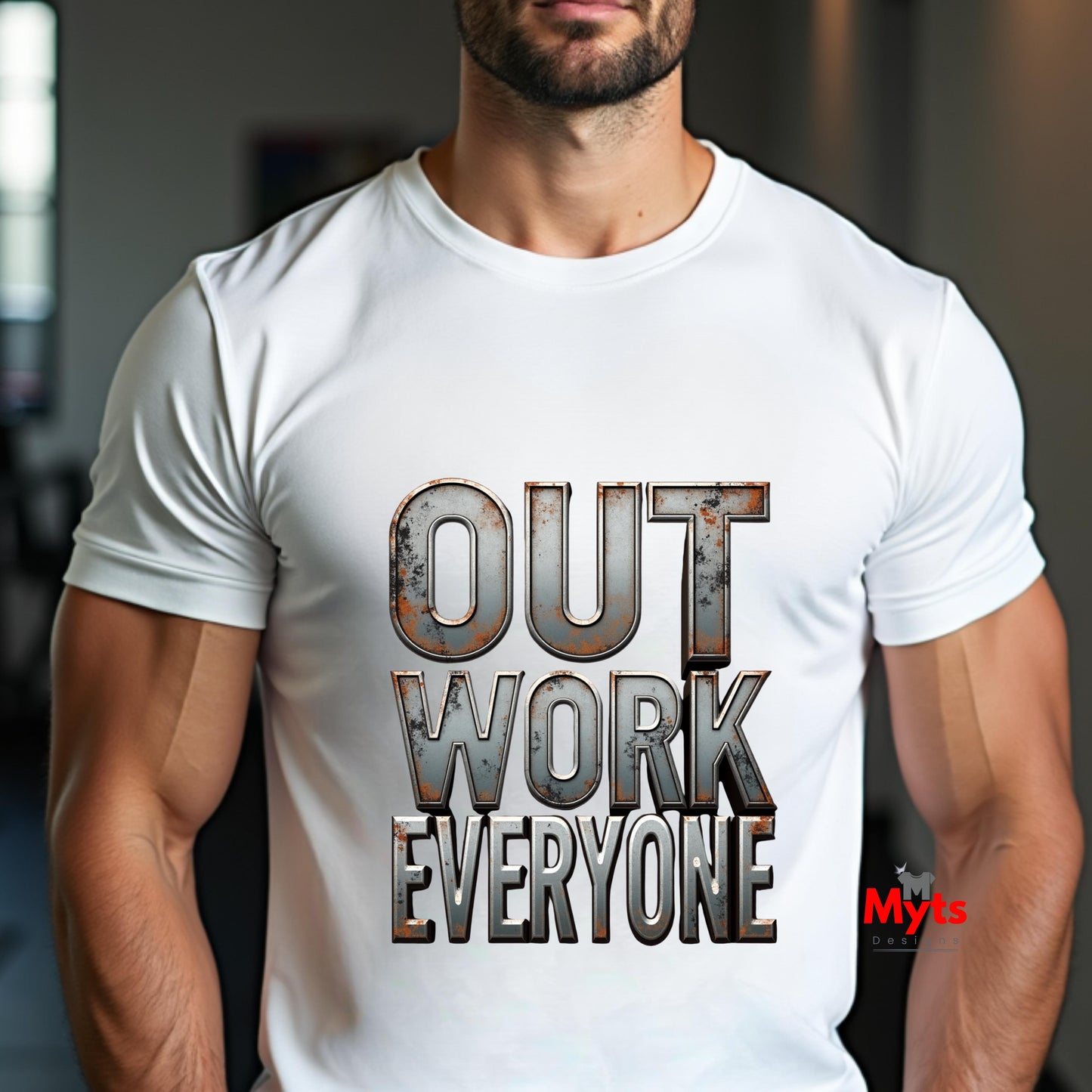 Person wearing a white t-shirt with 'OUT WORK EVERYONE' text design.