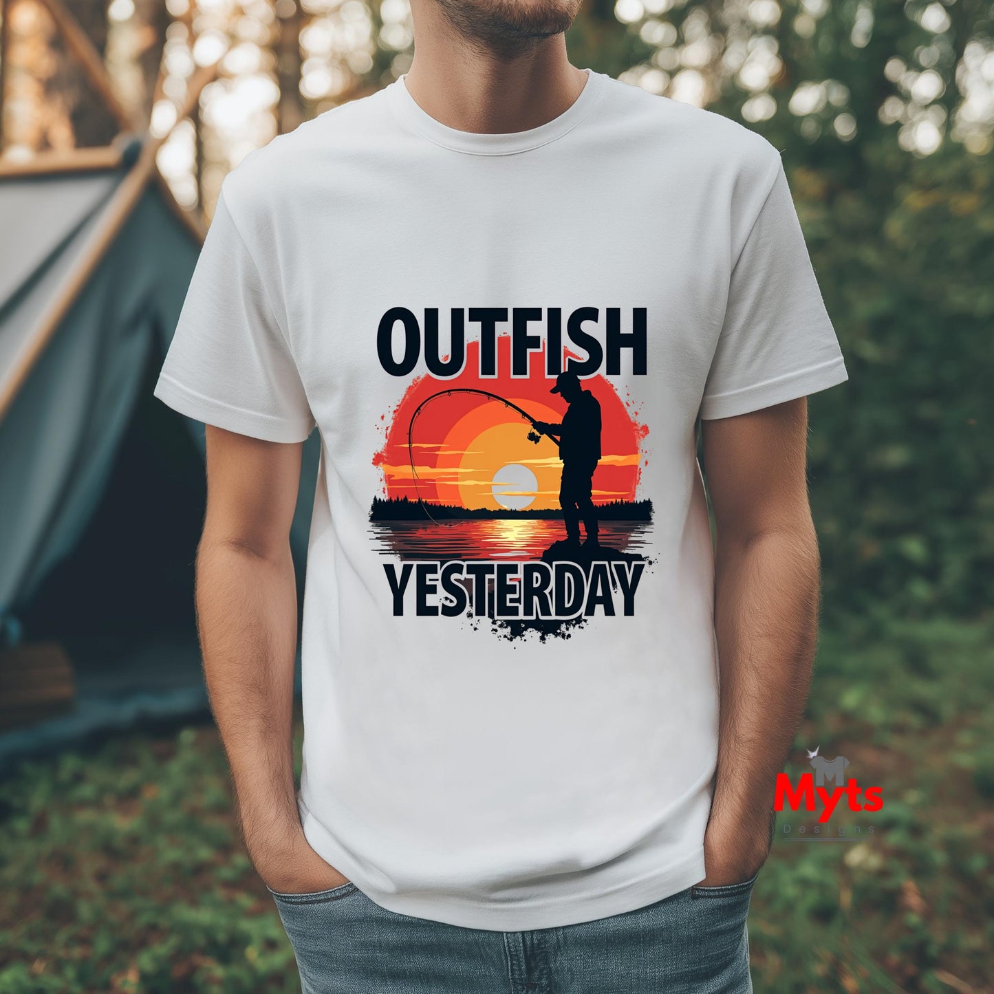 Person wearing a white t-shirt with a fishing graphic and text 'Outfish Yesterday' in an outdoor setting.