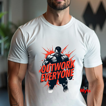 White t-shirt with a graphic of a muscular figure and 'Outwork Everyone' text, worn by a person.