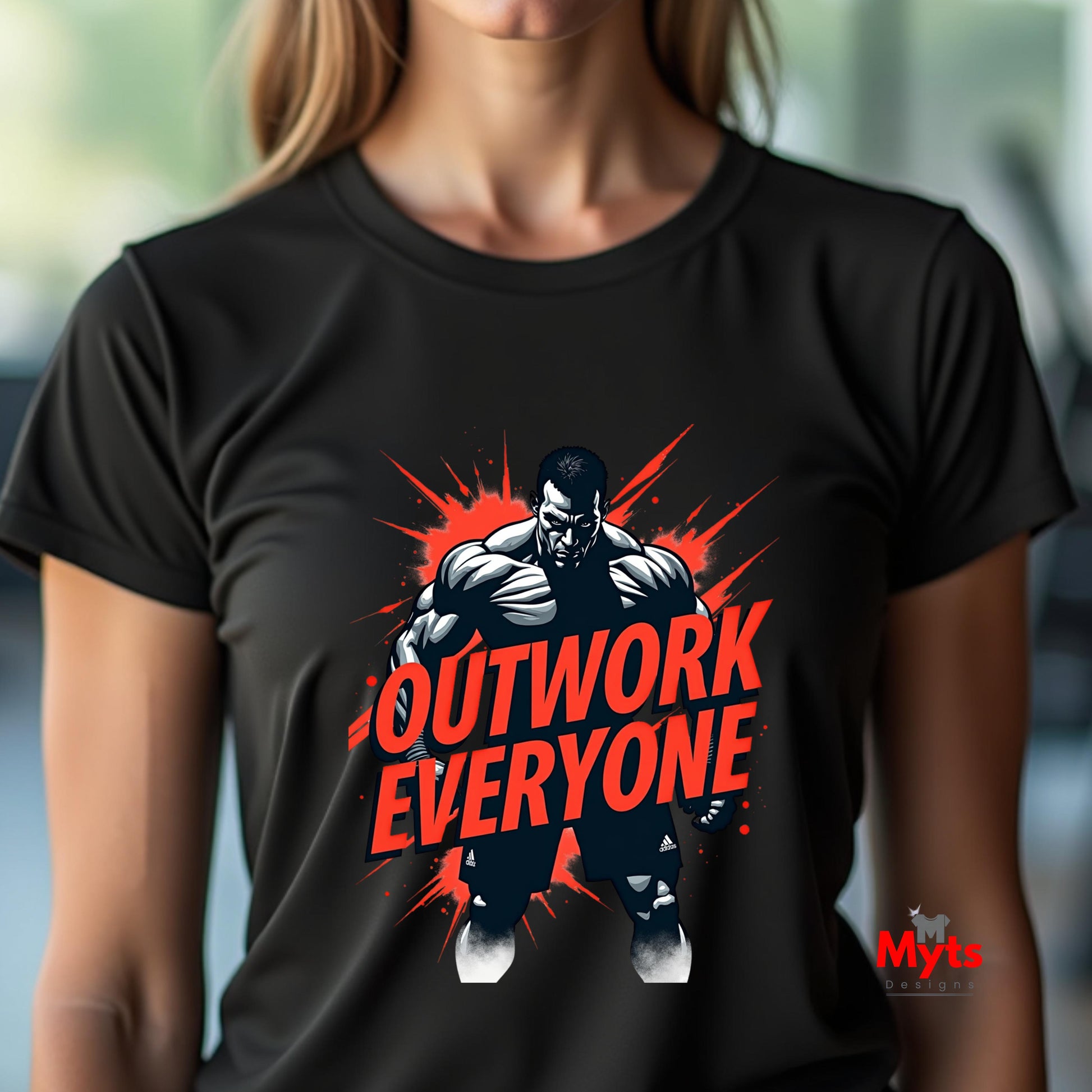 Black t-shirt with a graphic of a muscular figure and 'OUTWORK EVERYONE' text, brand 'Myts' visible.