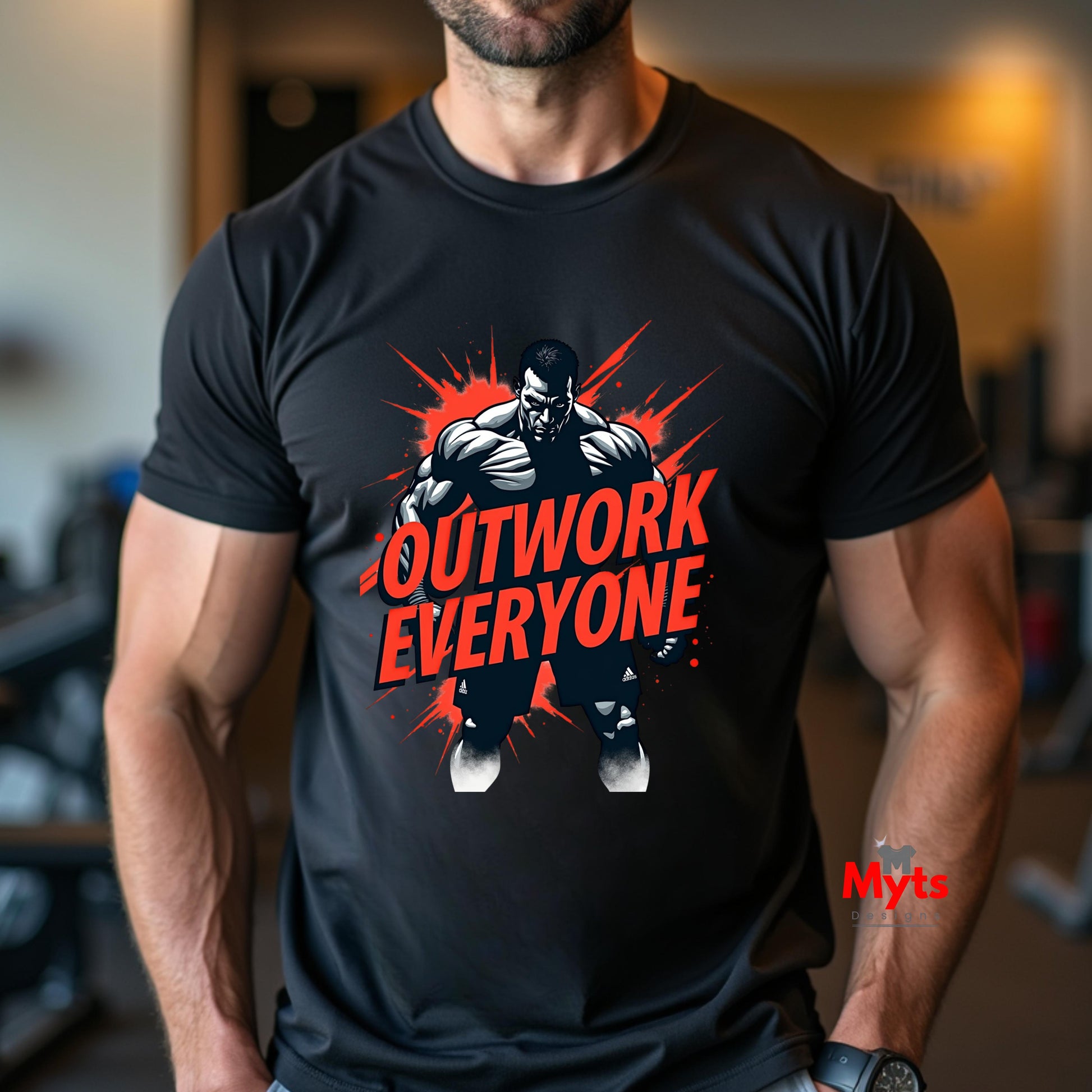 Person wearing a black t-shirt with 'Outwork Everyone' graphic design.