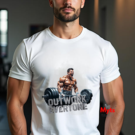 Man wearing a white t-shirt with a graphic of a muscular man lifting weights and the text 'Outwork Everyone'.