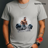 Gray t-shirt with a graphic of a muscular man lifting weights and text 'Outwork Everyone' on a dark background.