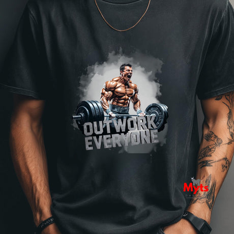 Black t-shirt with a graphic of a muscular man lifting weights and the text 'Outwork Everyone' on a dark background.