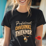 Person wearing a black t-shirt with a humorous design and text.