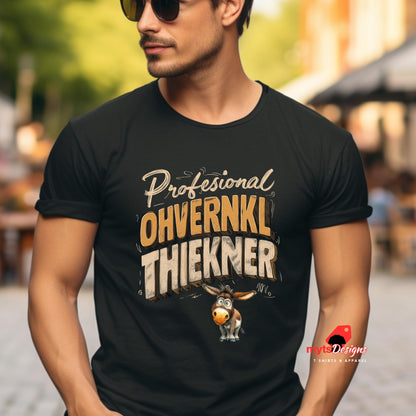 Man wearing a black t-shirt with humorous text and donkey graphic, standing outdoors.
