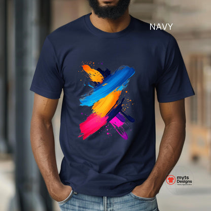 Navy t-shirt with colorful abstract design worn by a person, brand 'myts Designs' visible.