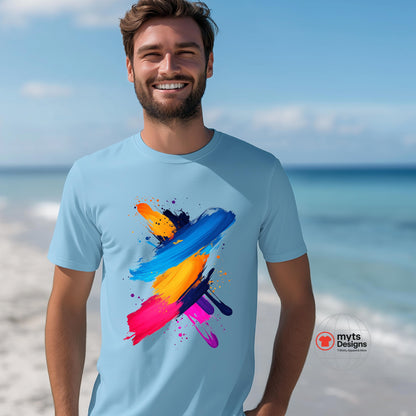 Man wearing a light blue t-shirt with colorful abstract design on a beach