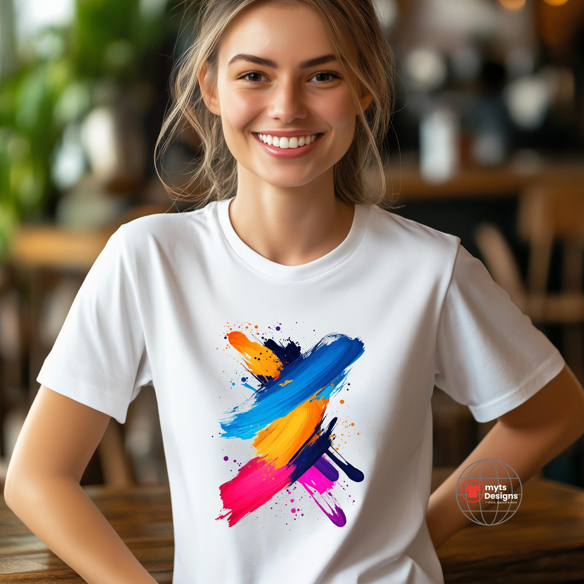 Smiling woman wearing a white T-shirt with a vivid, abstract brushstroke design in vibrant blue, orange, yellow, pink, and purple tones – perfect for artists and creative expression.