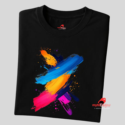 Black t-shirt with colorful abstract design on a gray background