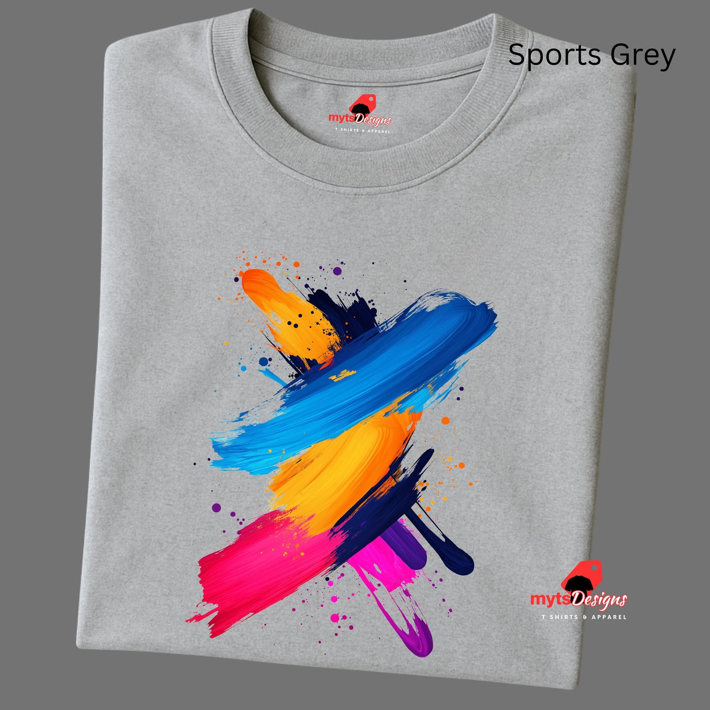 Gray t-shirt with colorful abstract design on a gray background