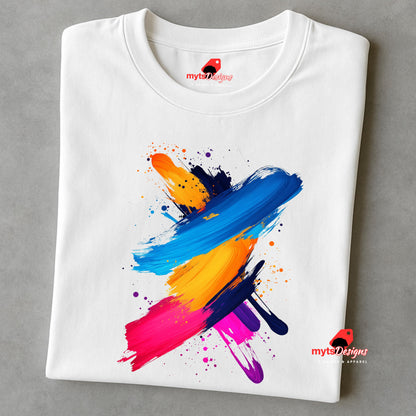 Folded white t-shirt with colorful abstract design on a gray background
