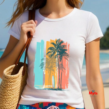 Person wearing a white t-shirt with a colorful palm tree design at the beach.