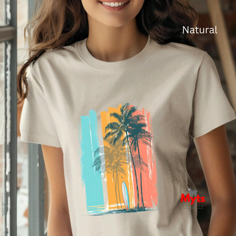 Person wearing a Natural t-shirt with a colorful palm tree design, brand 'Myts' visible.