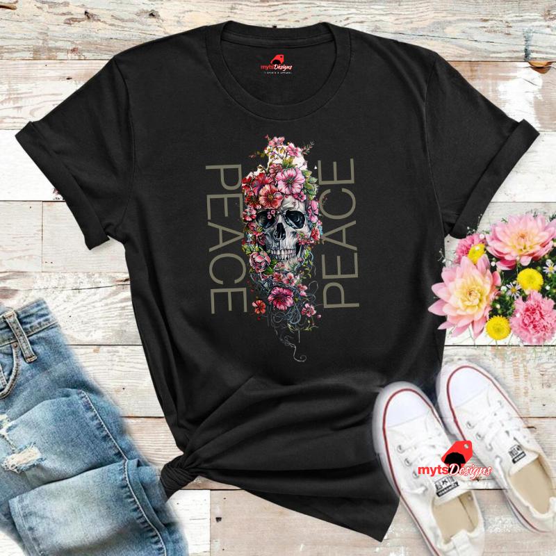 Skull in Flower "PEACE" Statement T-Shirt, Unique Floral Skull Design, Peaceful Graphic Tee, Skull Shirt