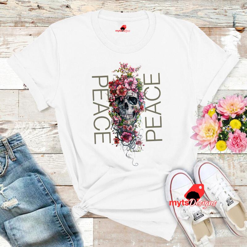 Skull in Flower "PEACE" Statement T-Shirt, Unique Floral Skull Design, Peaceful Graphic Tee, Skull Shirt