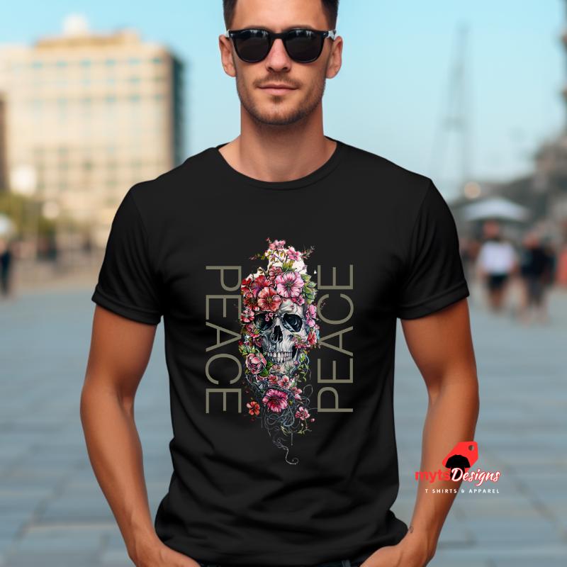 Skull in Flower "PEACE" Statement T-Shirt, Unique Floral Skull Design, Peaceful Graphic Tee, Skull Shirt