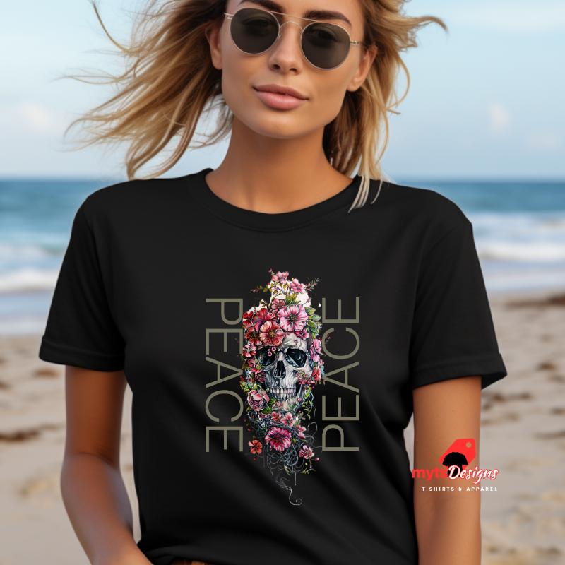 Skull in Flower "PEACE" Statement T-Shirt, Unique Floral Skull Design, Peaceful Graphic Tee, Skull Shirt