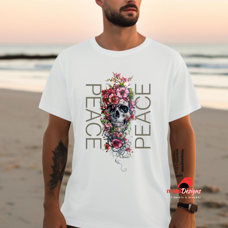 Skull in Flower "PEACE" Statement T-Shirt, Unique Floral Skull Design, Peaceful Graphic Tee, Skull Shirt