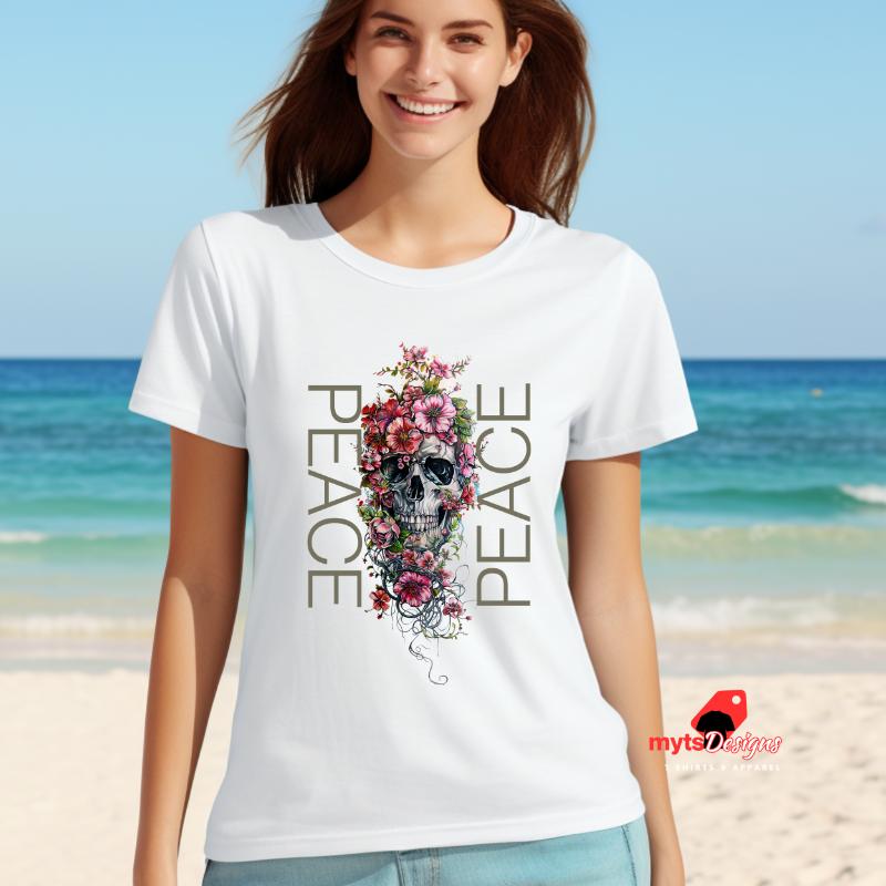 Skull in Flower "PEACE" Statement T-Shirt, Unique Floral Skull Design, Peaceful Graphic Tee, Skull Shirt