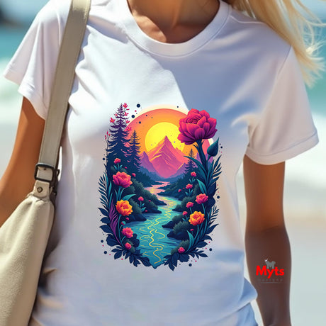Person wearing a white t-shirt with a colorful nature graphic design.