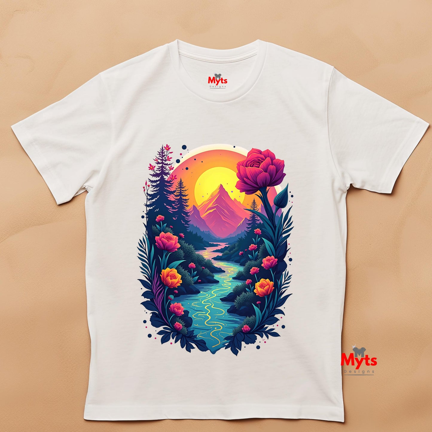 White t-shirt with a colorful nature-themed design featuring mountains, flowers, and a sunset on a beige background.
