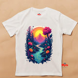 White t-shirt with a colorful nature-themed design featuring mountains, flowers, and a sunset on a beige background.