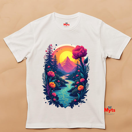 White t-shirt with a colorful nature-themed design featuring mountains, flowers, and a sunset on a beige background.