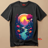 Black t-shirt with a colorful nature-themed design featuring flowers and mountains on a beige background.