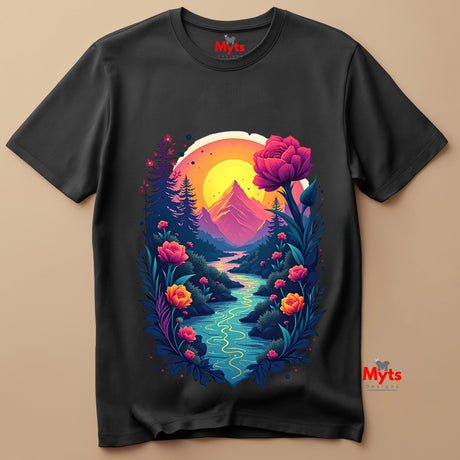 Black t-shirt with a colorful nature-themed design featuring flowers and mountains on a beige background.