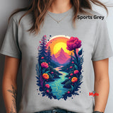 Gray t-shirt with a colorful nature graphic design featuring mountains, flowers, and a sunset.