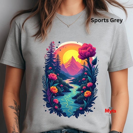 Gray t-shirt with a colorful nature graphic design featuring mountains, flowers, and a sunset.