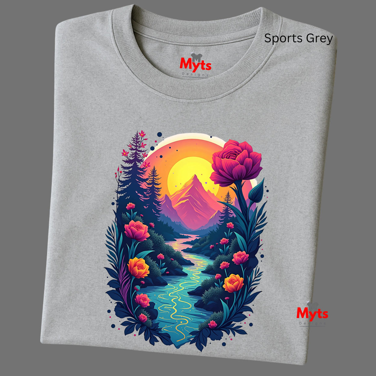 Gray t-shirt with a colorful mountain and floral design, branded 'Myts'.