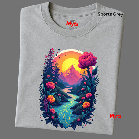 Gray t-shirt with a colorful mountain and floral design, branded 'Myts'.