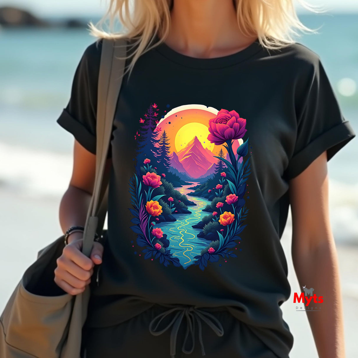 Person wearing a black t-shirt with a colorful nature graphic design, standing by a body of water.