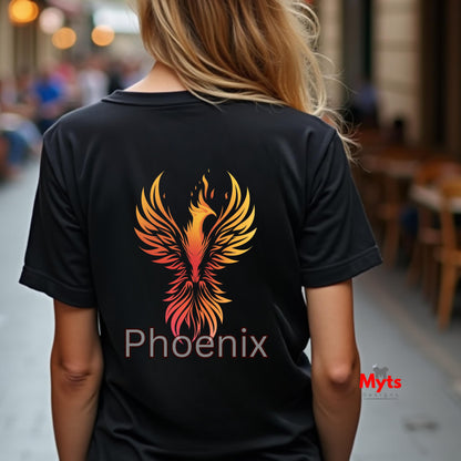 Person wearing a black t-shirt with a colorful phoenix design on the back, standing in an outdoor setting.