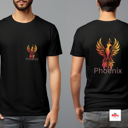Black t-shirt with phoenix design on front and back, brand 'Myts' visible.