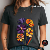 Dark Heather geometric wildflower T-shirt featuring colourful abstract flowers in purple, orange, yellow, navy and green with angular modern petals.