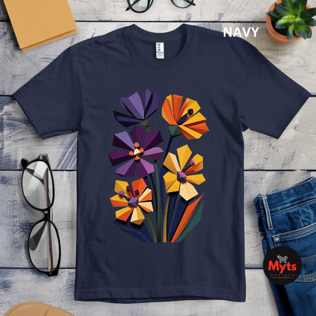Navy geometric wildflower T-shirt featuring colourful abstract flowers in purple, orange, yellow, navy and green with angular modern petals.