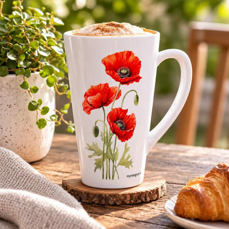 17oz Red Poppy Latte coffee mug in a breakast kitchen setting
